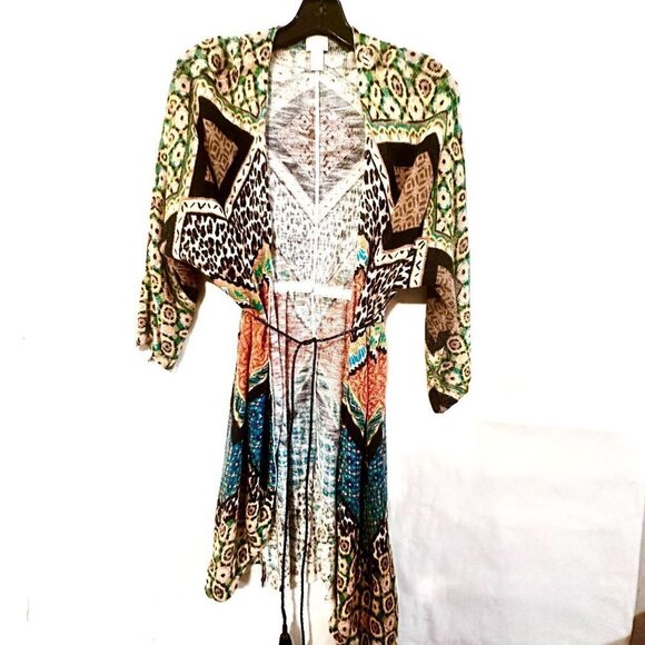 Chicos Size 1 Large Leopard Print Cardigan Tassel Sweater Cotton Shacket Boho - Picture 1 of 6